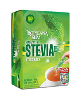 Tropicana Slim stevia sweetener sticks 100 stick pack green box showing packet being poured into tea
